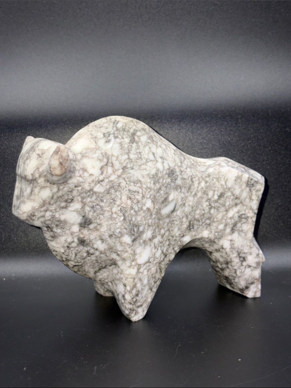 Vintage Hand Carved Polished Gray & White Marble Bison / Bull Sculpture Figural